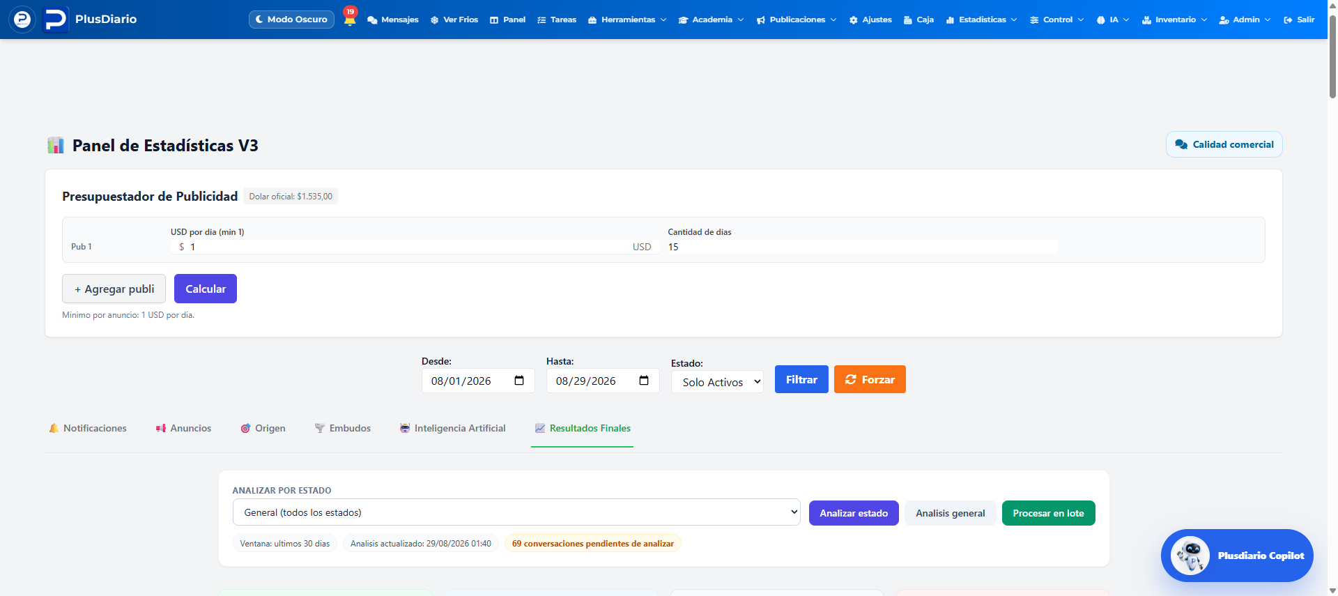 Auditoría comercial de conversaciones, objeciones y resultados finales con IA en Plusdiario IA.